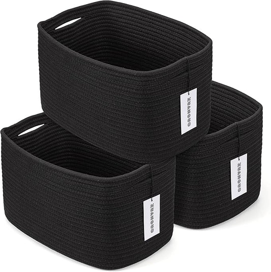 Cotton Rope storage Basket Bins 15X10X9.3“ Woven Basket for Organizing Shelves Rectangle Decorative Baskets For storage Clothes Toys Books Towels Square Wicker Nursery basket organizer 3 pack black