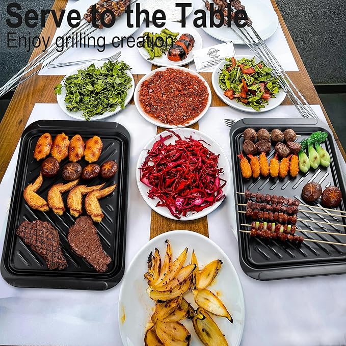 KAQAHIDO Grilling Deep Prep and Serve Trays, BBQ Platter for Raw Meat Marinating and Finished Cooked Food, Melamine Serving Tray, Set of 2, Cleaning Pack Included
