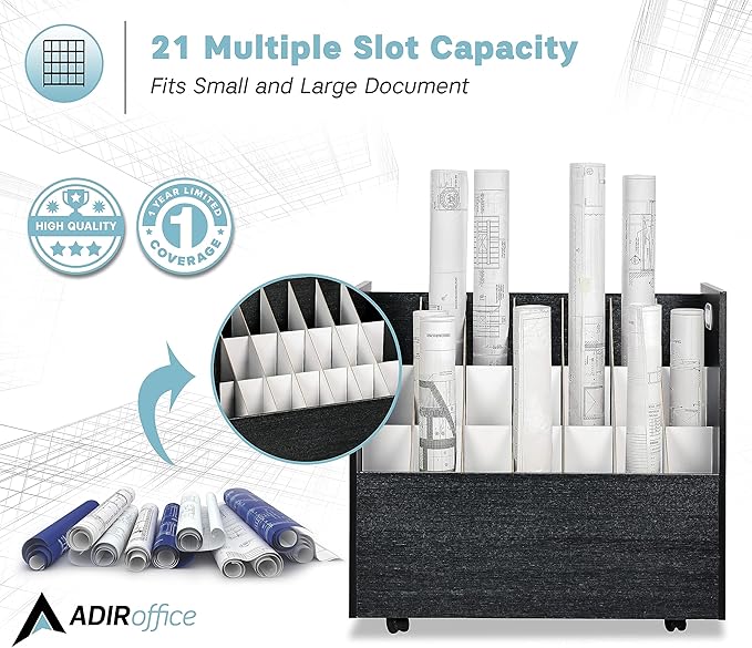 AdirOffice Adir Blue Print Storage Organizer - Mobile Roll File Cart, Construction Plan Holders, Blueprint Cabinet with Wheels, Roll Files Storage for Office and Home (21 Slots, Black)