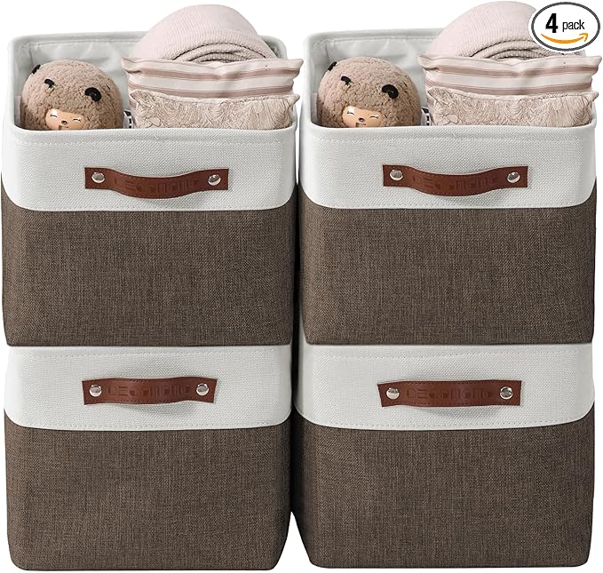 DECOMOMO Storage Baskets for Shelves - Fabric Storage Bins, Linen Closet Organizers and Storage (Brown & White, Large - 4 Pack)