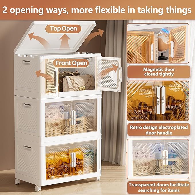 Storage Bins with Lid 76QT, Stackable Storage Containers with Wheels and Magnetic Doors, Plastic Clothes Closet Organizers and Storage Box for Home and Office (3 Pack)