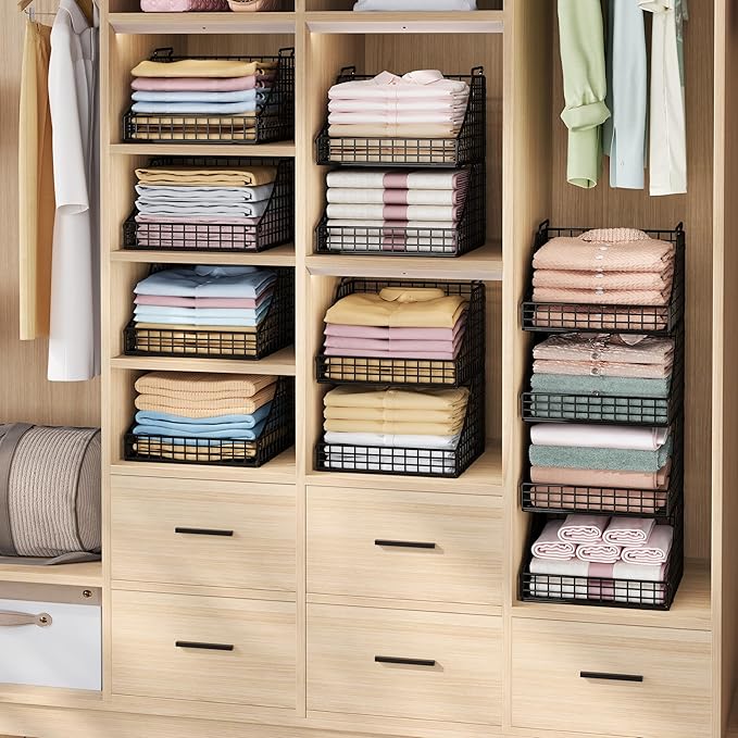 4-Pack Stackable Wire Baskets for Closet Organizers and Storage, Open Storage Bins for Clothes, Toys, and Snacks - Rustic Metal Closet Organizer and Shelves in Black