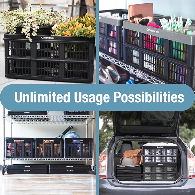CleverMade Collapsible Utility Crates-Obsidian 1pck 45L / 11 Gal holds 66 lbs - Stackable Containers Heavy Duty Capacity Crates - Space-Saving Baskets