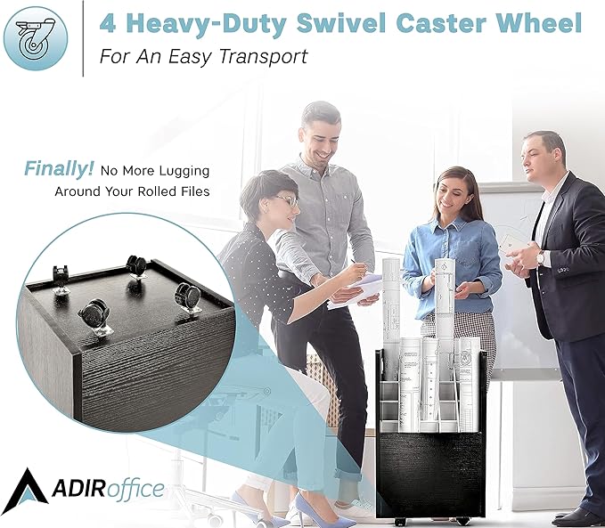 AdirOffice Adir Blue Print Storage Organizer - Mobile Roll File Cart, Construction Plan Holders, Blueprint Cabinet with Wheels, Roll Files Storage for Office and Home (20 Slots, Black)