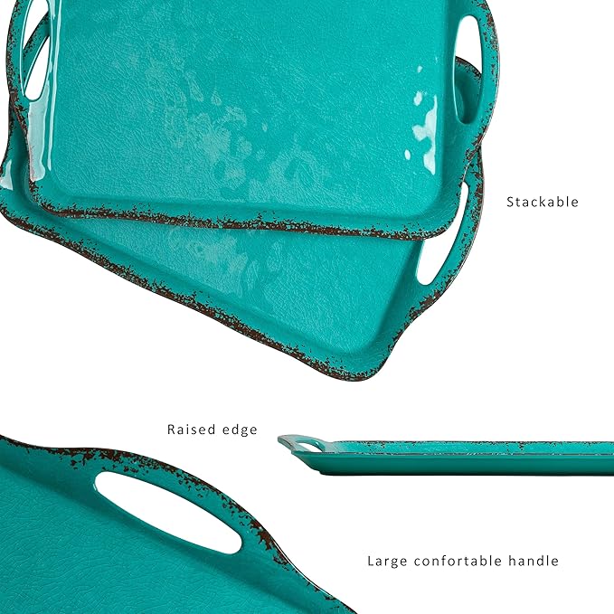 LEHAHA Large Farmhouse Melamine Serving Platters, Serving Tray with Handle for Food, Appetizer, Cupcakes, Dessert, Raised Edge Large Party Platter or TV Dinner Trays, 17.25x12 inch, Set of 2, Teal