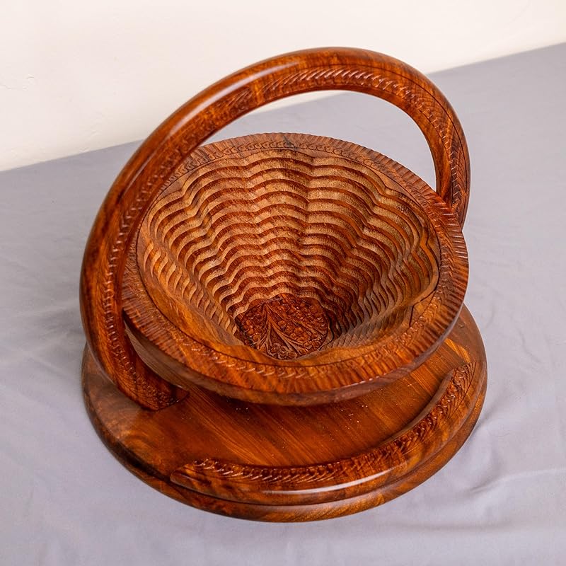 Handmade 12″ Collapsible Wooden Basket, Single Bowl Flower Design in Himalayan Rosewood, Fruit Basket, Bread Bowl & Trivet, Folds Flat for Easy Storage – Unique Centerpiece & Gift