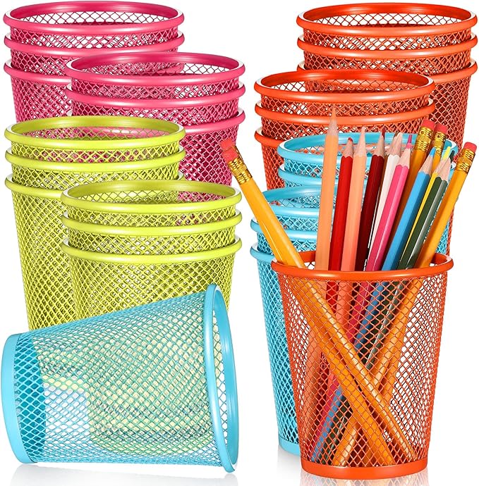 Colarr 24 Pcs Mesh Pencil Holder, Colored Metal Pen Holder Metal Pen Cup Desk Organizer Cups Makeup Brush Holders for Desk Home School Office, 4 Colors