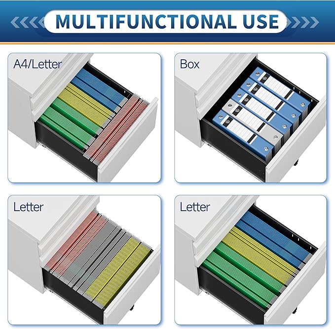 File Cabinet for Home Office,3 Drawers Mobile File Cabinets Rolling,Under Desk Metal Filing Cabinet, Small Mobile File Storage Cabinets for Legal/Letter/A4 -White/Assembly Required