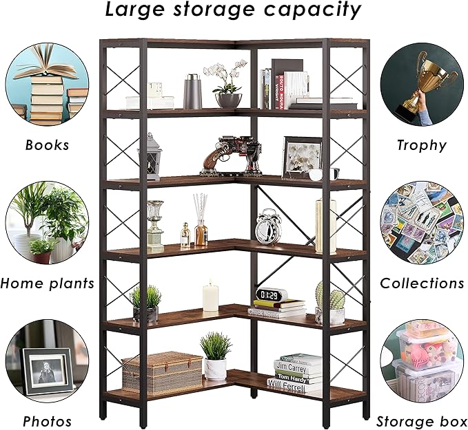 6-Shelf Corner Bookshelf, Vintage Industrial CornerBookshelf Etagere Bookcase, Large Book Shelf with Metal Frame Open Storage Corner Cabinet for Living Room Home Office（Retro Brown）