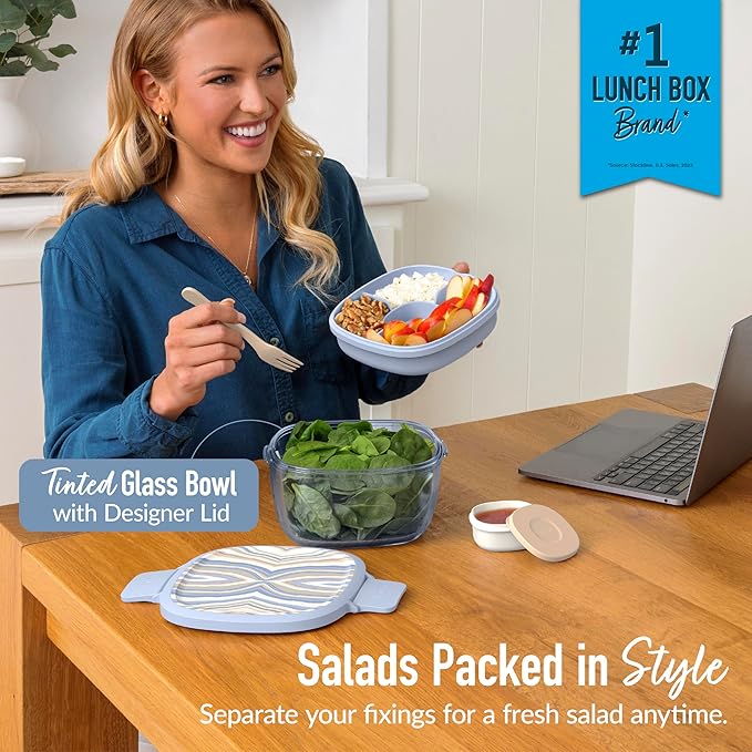 Bentgo Glass Prints All-in-One Salad Container - 61oz Tinted Glass Salad Bowl with Lid, Bento-Style Tray, Sauce Container, & Reusable Fork - Dishwasher & Microwave Safe (Wildly Chic - Soft Blue)