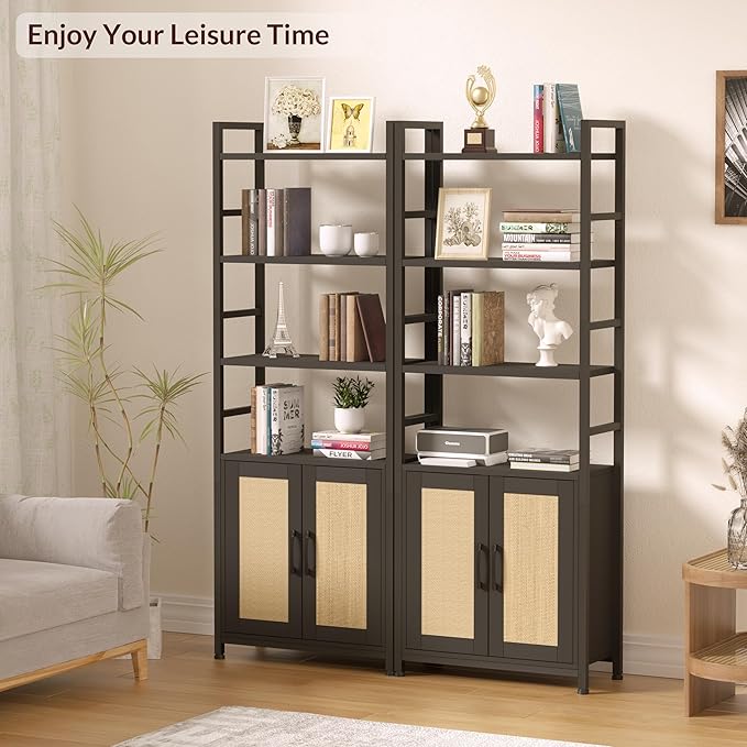 Rattan Bookshelf with Doors,70" Tall Bookcase with Storage Cabinet,6 Tier Book Shelf for Living Room/Bedroom/Home Office/Kitchen,70"(H)*26"(L)*11.8"(W)
