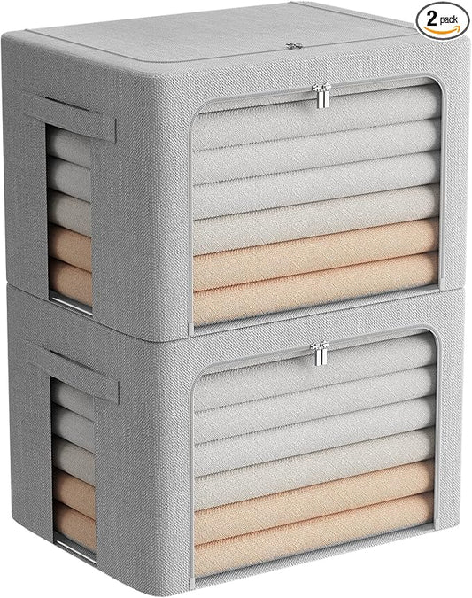 FHSQX 2 Pack Clear Window Storage Bins - Large Stackable Linen Fabric Storage for Clothes Foldable Container Organizer Set with Carrying Handles (Light Gray, 23.6x 16.5x 15.7 Inch)
