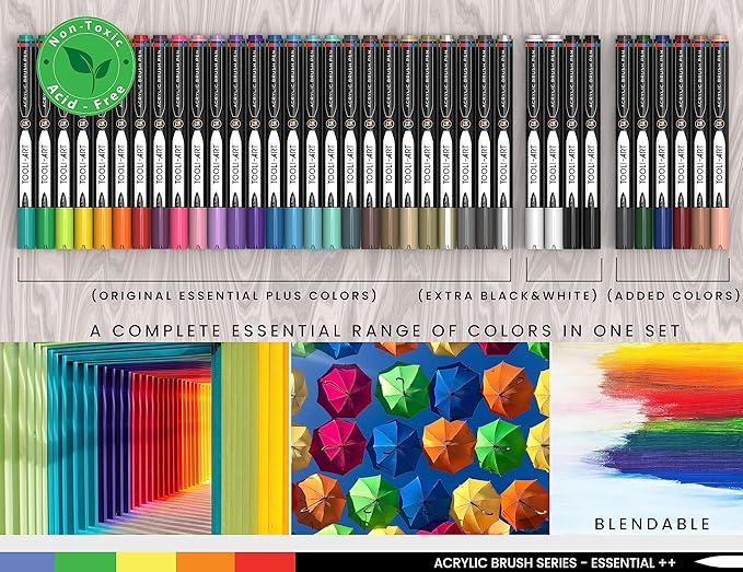 36 Flexible Brush Tip Acrylic Paint Pens Markers Set 1-7mm Line for Rock Painting, Brush Lettering, Scrapbooking, Glass, Mugs, Wood, Metal, Canvas, Fabric, Plastic. Non Toxic Waterbased Quick Drying
