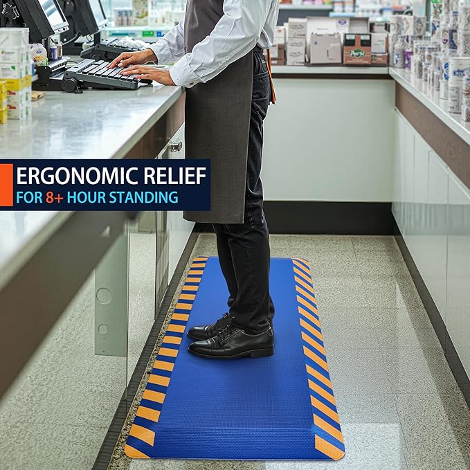 FEATOL Anti Fatigue Mats Industrial 2 Packs, Ergonomic Standing Floor Mat for Work for Stand, Blue with Yellow Border Safety 20" x 39"-Support for Leg & Back Pain