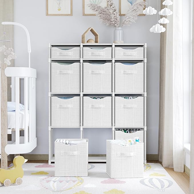 12 Cube Closet Organizers And Storage | Includes All Storage Cube Bins | Easy To Assemble Closet Storage Unit With Drawers | Room Organizer For Clothes, Baby Bedroom, Playroom, Dorm (White-Grey)