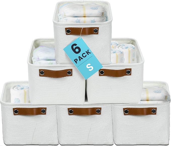OrganiHaus Small Fabric Storage Baskets for Shelves 6 Pack, 12x8in Closet Storage Bins for Shelves, Cloth Baskets for Organizing, Linen Closet Organizers, Fabric Basket, White Basket