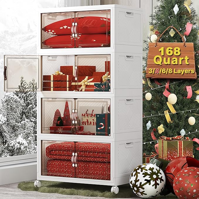 Extra Large Stackable Storage Bins with Lids & Wheels, Foldable Collapsible Closet Organizers Storage Cabinet with Doors for Bedroom Dorm (White, 672QT-168QT/42GAL*4Pack)