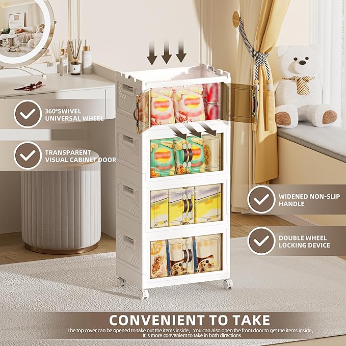 104 QT / 26 Gal Multi-Purpose Stackable Storage Cabinet: Double Magnetic Doors, Foldable, Wheels Included, Leather Handles - Ideal for Pantry, Laundry Room, Dorm