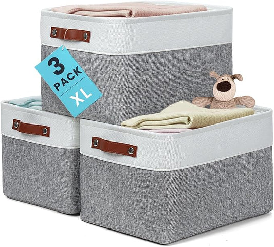 OrganiHaus Extra Large Fabric Storage Baskets for Shelves 3 Pack, 16x13in Closet Storage Bins for Shelves, Canvas Baskets for Organizing, Linen Closet Organizers, Cloth Basket, Gray/Off-White