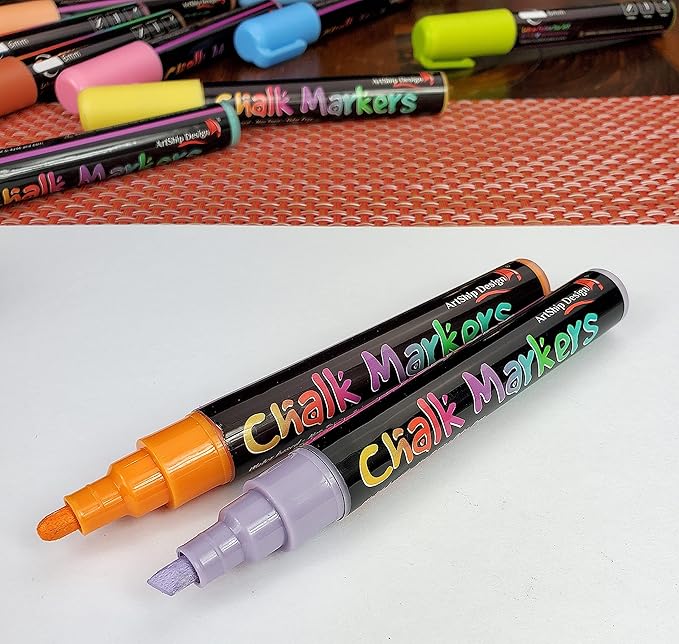ArtShip Design 14 Vintage Colors Chalk Markers - Reversible Medium Tip Liquid Chalk Pens Wet Erasable - Menu Boards, Glass, Windows, Whiteboards, Classrooms, Mirrors, Chalkboards, Plastic, Metal