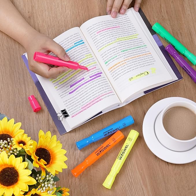 Highlighters Bulk, 24 Pack Tank Style Highlighters Assorted Fluorescent Colors Set, 6 Bright Colors Chisel Tip Highlighter Markers for Kid and Adult Coloring, Highlighting as School Supplies