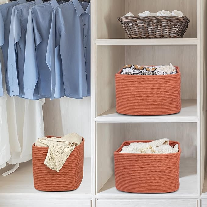 Cotton Rope storage Basket Bins Woven Basket for Organizing Shelves 15X10X9.3" Rectangle Decorative Baskets For storage Clothes Toys Books Towels Nursery basket organizer 3 pack Rust