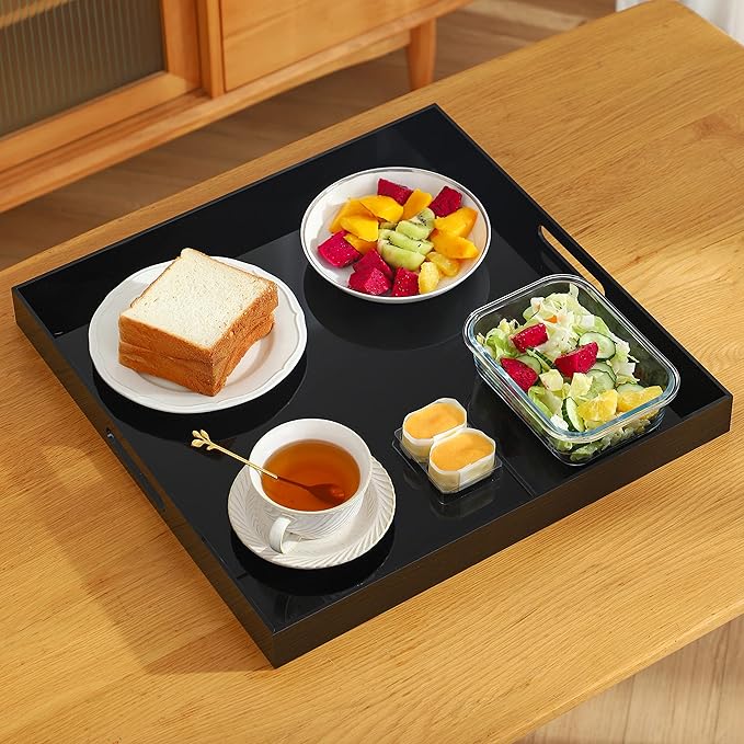 Black King Size Large Acrylic Serving Tray for bed-24x24 Inch -Spill Proof- Decorative Trays Countertop Organizer for Ottoman,Nightstand, Sidetable, Butler (24X24 Inch, Black)