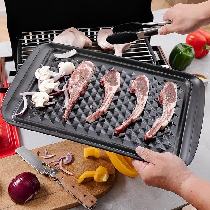 BBQ Tray for Raw Meat Prep and Cooked Food, Grill Prep and Serve Trays, Melamine Serving Trays and Platters for Food, Unbreakable Party Tray, Set of 2, Black and Red