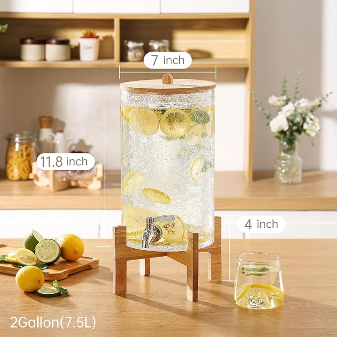 2 Gallon Glass Drink Dispenser with Stand, Beverage Dispenser with Wood Lid and Stainless Steel Spigot, Glass Water Dispenser for Parties, Ideal for Juice, Tea, Lemonade, and More