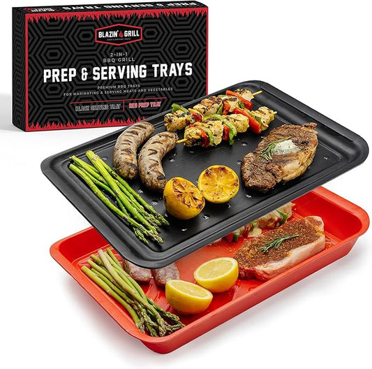 BLAZIN' GRILL Prep and Serve Trays | Set of 2 Stackable, Melamine Trays | Serving Tray & Marinating Tray | Serving Platter for Plating Food & BBQ Prep Tub for Marinating Meats | Grill Accessories |