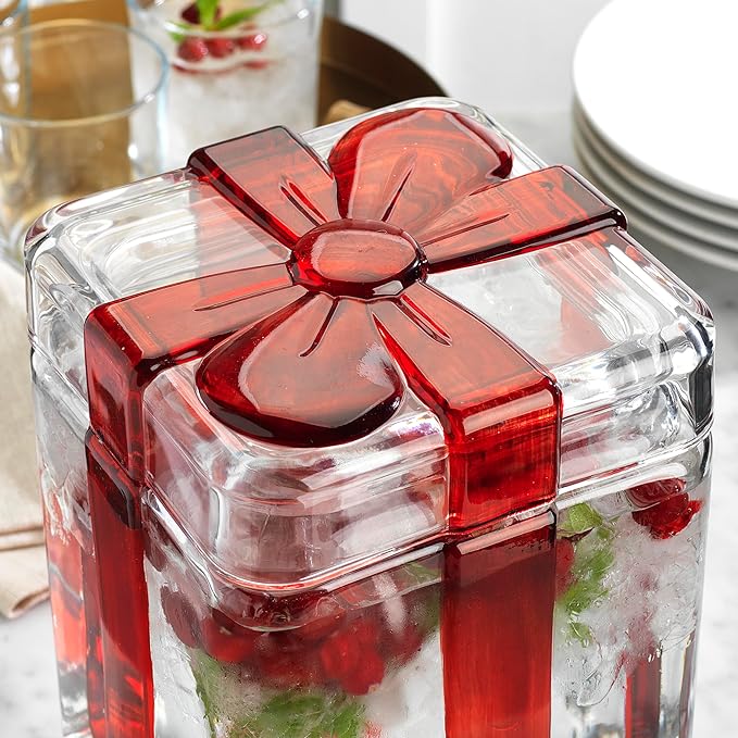 Gift Box Drink dispenser with Red Ribbon Design, Glass Beverage Dispenser For Christmas Party & decorations, Gift Ready Packaging With 100% Leakproof Spigot Perfect For Parties And Daily Use 1.5 GAL