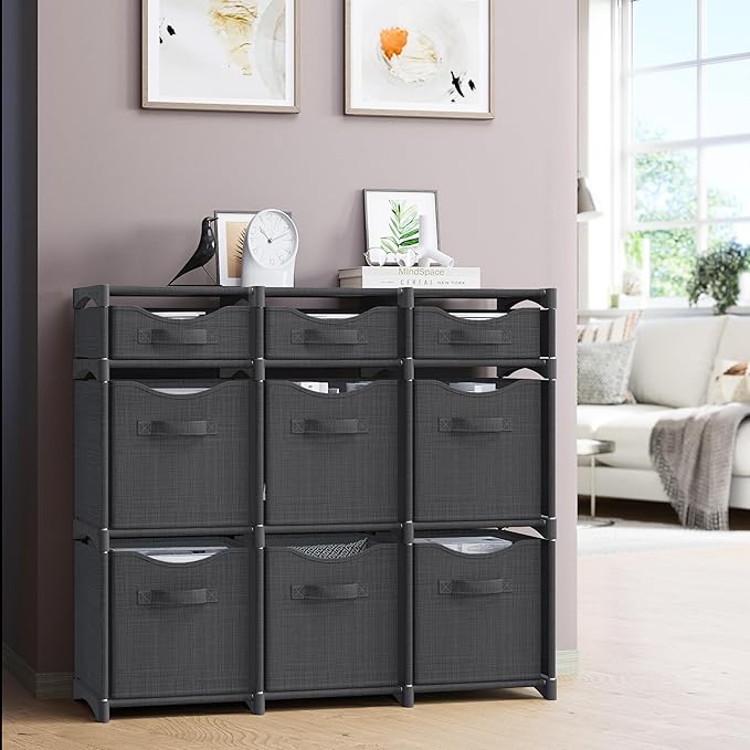 9 Cube Closet Organizers And Storage | Includes All Storage Cube Bins | Easy To Assemble Closet Storage Unit With Drawers | Room Organizer For Clothes, Baby Closet Bedroom, Playroom, Dorm (Dark Grey)