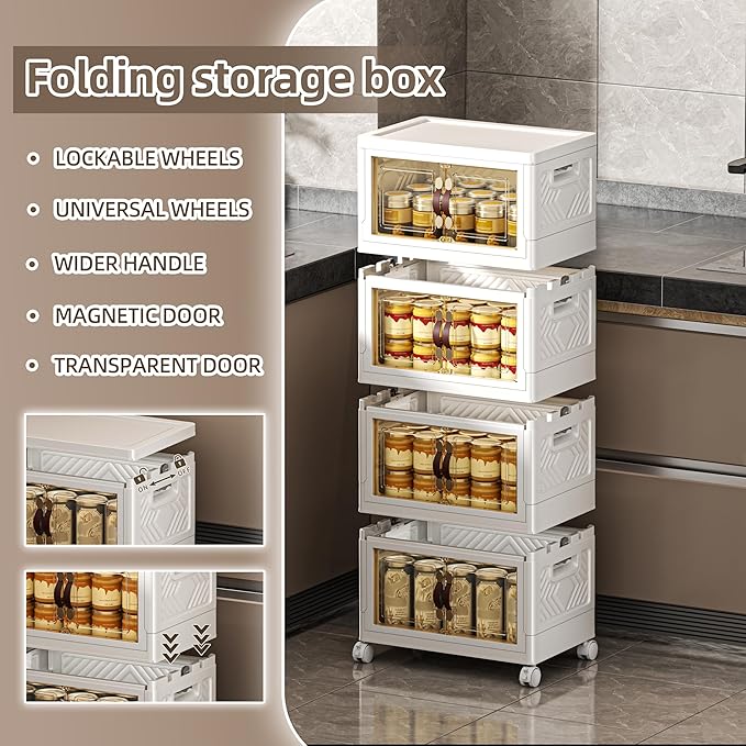 104 QT / 26 Gal Stackable Storage Bins with 1 Lid, Collapsible Plastic Organizer Cabinet with Wheels & Magnetic Doors for Closet, Home, Office – White Containers