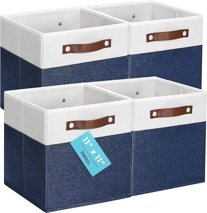 OrganiHaus 11" x 11" x 11" Fabric Cubes Storage Bins Set of 4, Foldable Collapsible Canvas Storage Bins for Organizer, Toy Organizer for Kallax, 11 Inch Linen Cube Shelf Baskets - Navy Blue