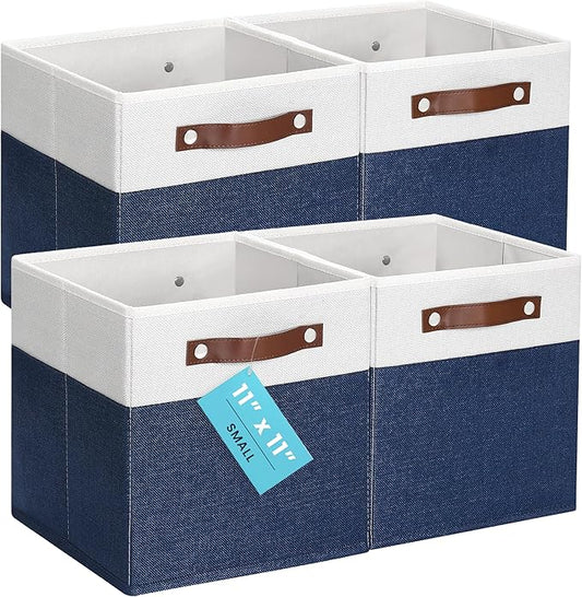 OrganiHaus 11" x 11" x 11" Fabric Cubes Storage Bins Set of 4, Foldable Collapsible Canvas Storage Bins for Organizer, Toy Organizer for Kallax, 11 Inch Linen Cube Shelf Baskets - Navy Blue
