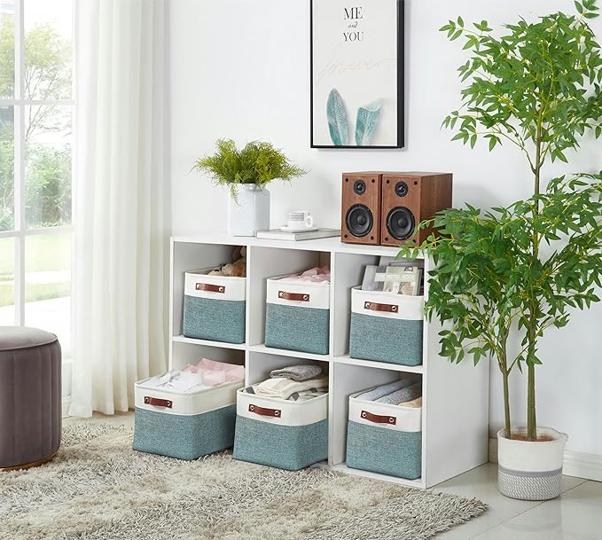 DECOMOMO Storage Baskets for Shelves - Fabric Storage Bins, Linen Closet Organizers and Storage (Green & White, XL - 3 Pack)