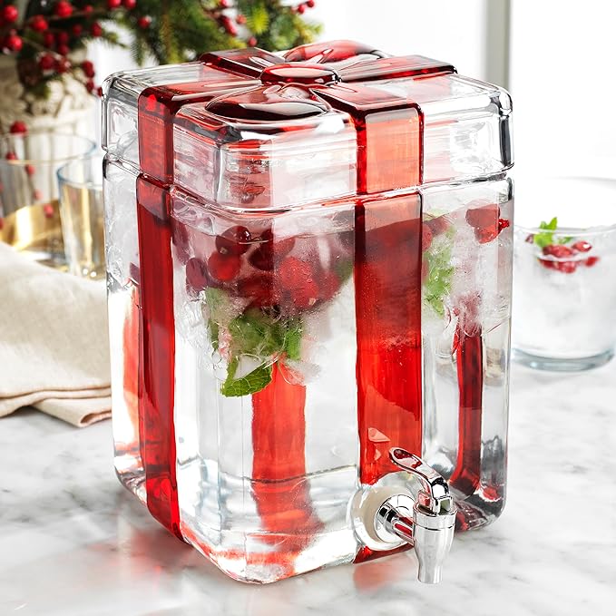 Gift Box Drink dispenser with Red Ribbon Design, Glass Beverage Dispenser For Christmas Party & decorations, Gift Ready Packaging With 100% Leakproof Spigot Perfect For Parties And Daily Use 1.5 GAL