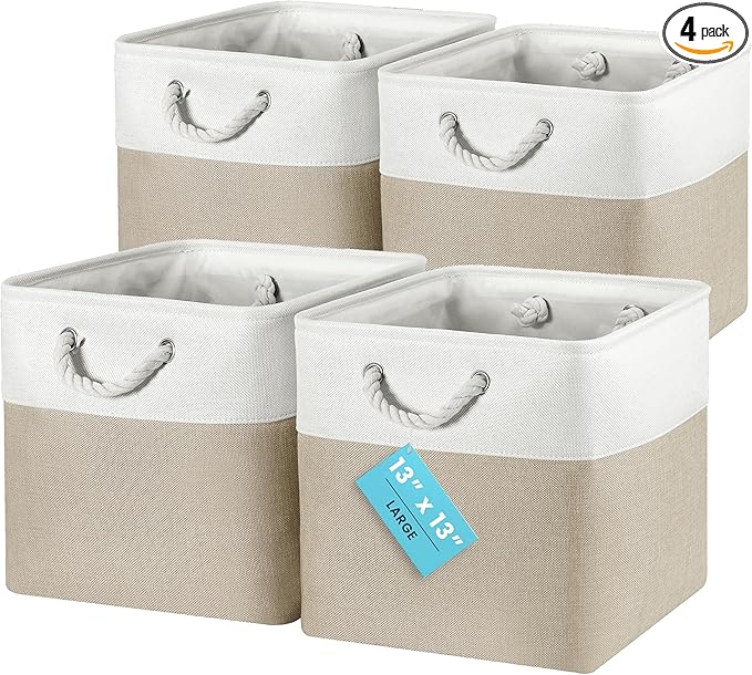 OrganiHaus 13x13 Cube Storage Bins 4 Pack, Foldable Cube Storage Organizer w/ Rope Handles, Collapsible Fabric Bins for Toys, Clothes & Closet Organization, Fabric Square Baskets - Beige/White
