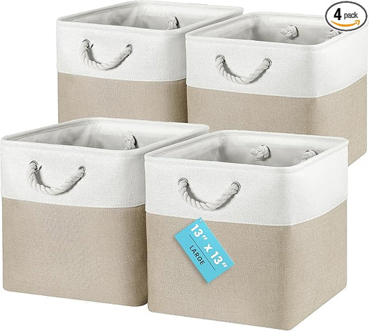 OrganiHaus 13x13 Cube Storage Bins 4 Pack, Foldable Cube Storage Organizer w/ Rope Handles, Collapsible Fabric Bins for Toys, Clothes & Closet Organization, Fabric Square Baskets - Beige/White