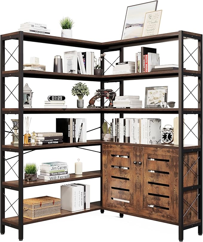 6-Shelf Corner Bookshelf, Vintage Industrial Corner Shelf Etagere Bookcase, Large Book Shelf with Metal Frame Open Storage Corner Cabinet (Brown-Lockers, Large)