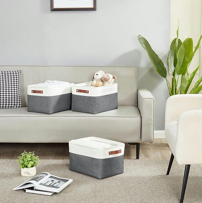 DECOMOMO Storage Baskets for Shelves - Fabric Storage Bins, Linen Closet Organizers and Storage (Slate Grey & White, Large - 4 Pack)