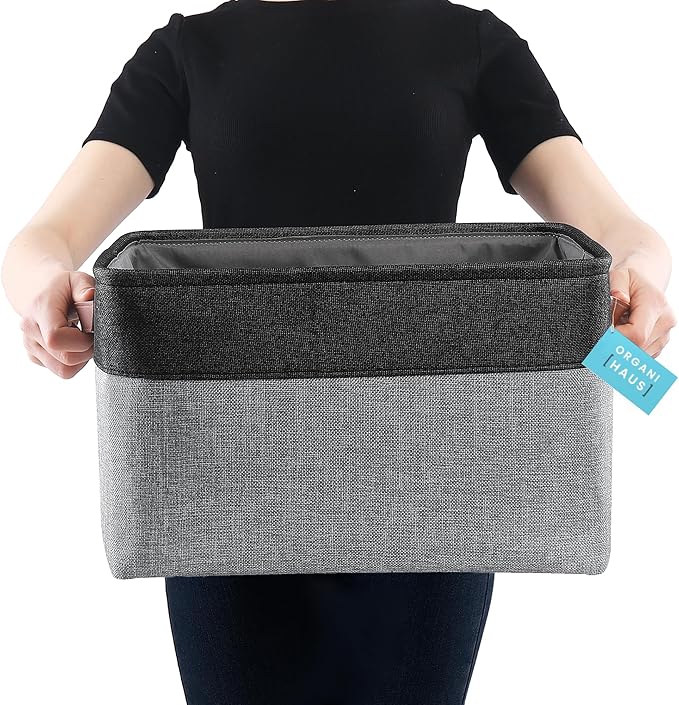OrganiHaus Extra Large Fabric Storage Baskets for Shelves 3 Pack, 16x13in Closet Storage Bins for Shelves, Canvas Baskets for Organizing, Linen Closet Organizers, Cloth Basket, Gray/Black