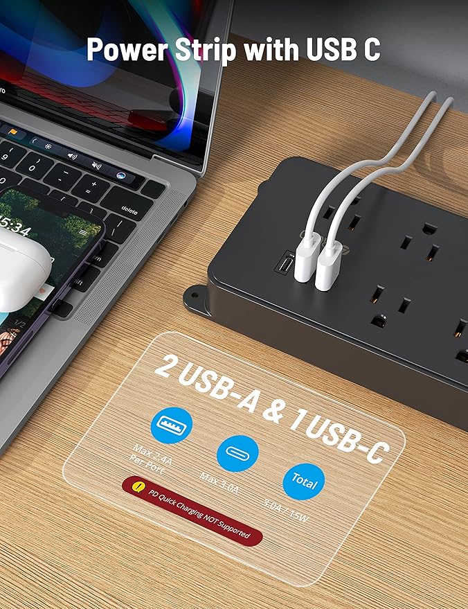 TROND Power Strip Surge Protector, 5 Widely-Spaced Outlets with 2 USB A and 1 USB C, ETL Listed, Wall Mountable, Flat Plug 5ft Extension Cord, 1300J, 14AWG Heavy Duty, for Office Kitchen, Black