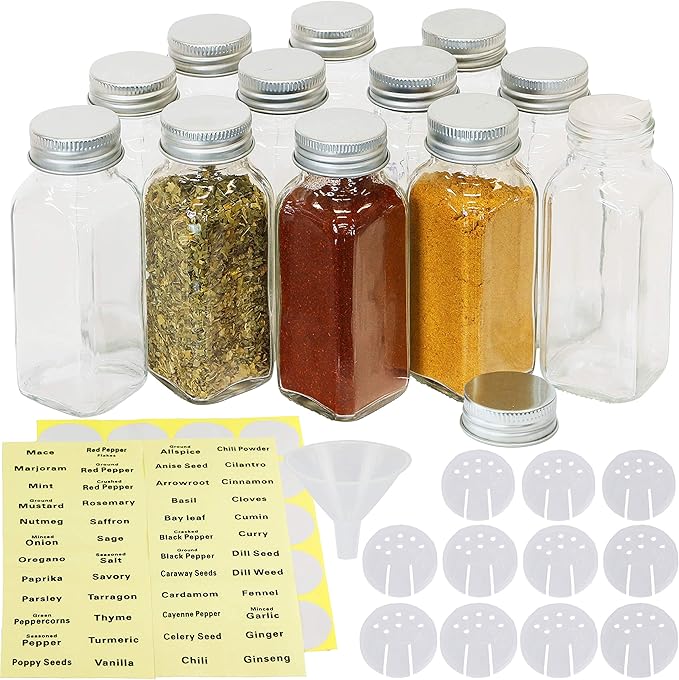 Simple Houseware 12-Pack 6 oz Glass Spice Jars, Square Bottles with Shaker Lids, Funnel and Labels for Seasoning & Storage