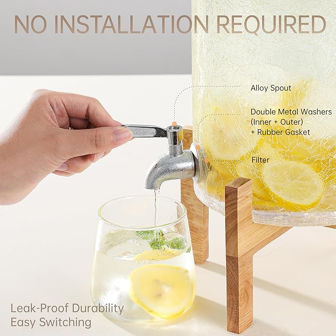 2 Gallon Glass Drink Dispenser with Stand, Beverage Dispenser with Wood Lid and Stainless Steel Spigot, Glass Water Dispenser for Parties, Ideal for Juice, Tea, Lemonade, and More