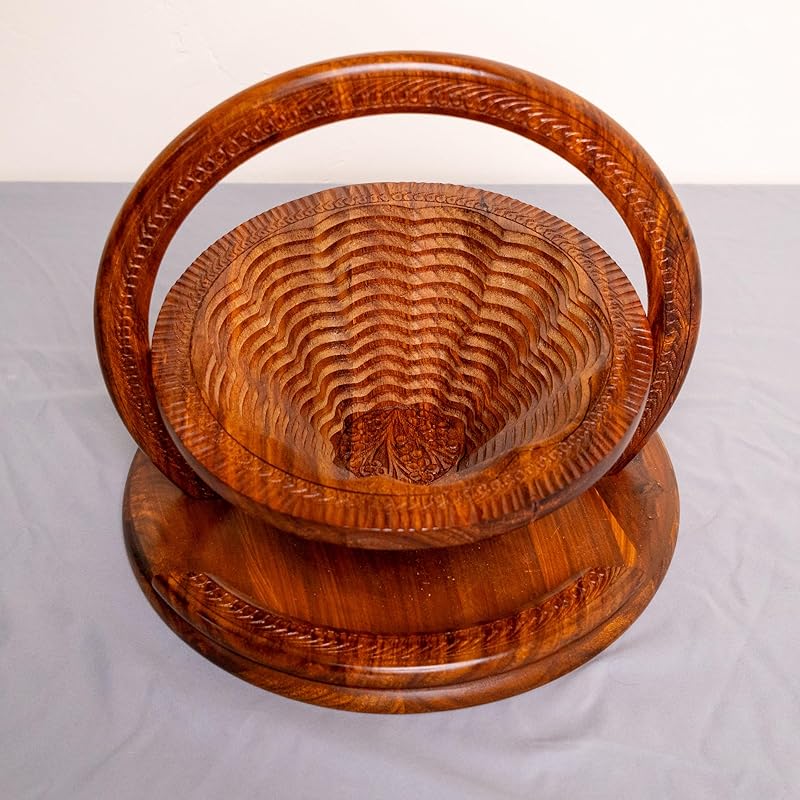 Handmade 12″ Collapsible Wooden Basket, Single Bowl Flower Design in Himalayan Rosewood, Fruit Basket, Bread Bowl & Trivet, Folds Flat for Easy Storage – Unique Centerpiece & Gift