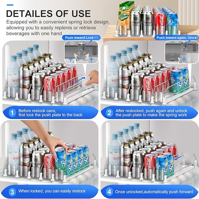 Drink Organizer for Fridge, Upgraded Drink dispenser for fridge, Automatic Pusher Glide,12oz 16oz - Can Dispenser for Fridge - Holds up to 20 Cans - 5 Rows White