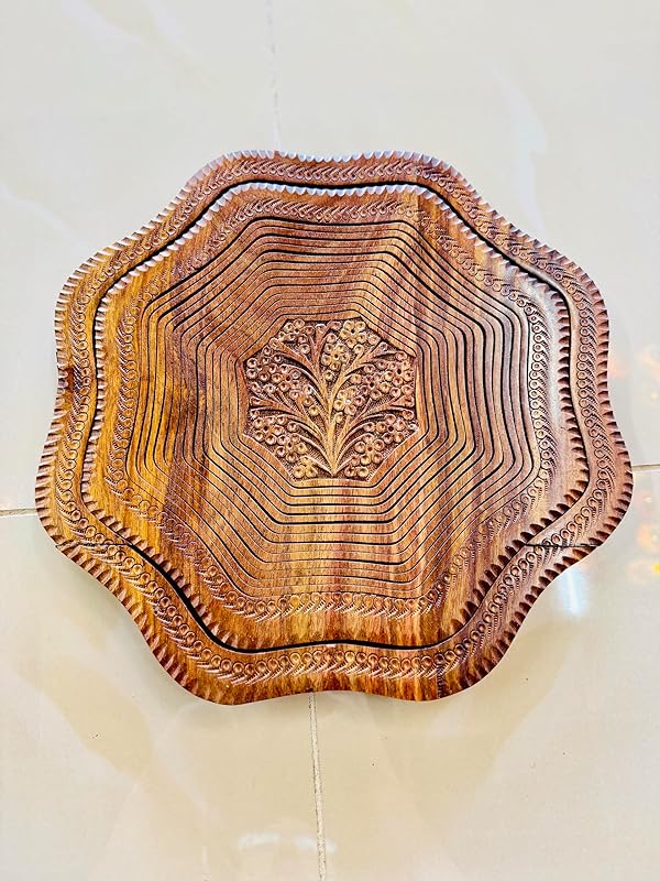 Handmade 14″ Collapsible Wooden Basket, Single Bowl Flower Design in Himalayan Rosewood, Fruit Basket, Bread Bowl & Trivet, Folds Flat for Easy Storage – Unique Centerpiece & Gift