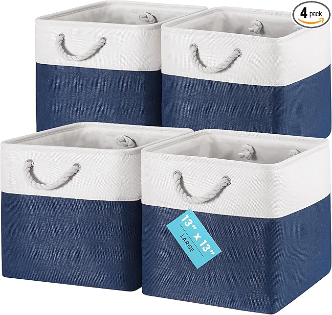 OrganiHaus 13x13 Cube Storage Bins 4 Pack, Foldable Cube Storage Organizer w/ Rope Handles, Collapsible Fabric Bins for Toys, Clothes & Closet Organization, Fabric Square Baskets - Navy Blue