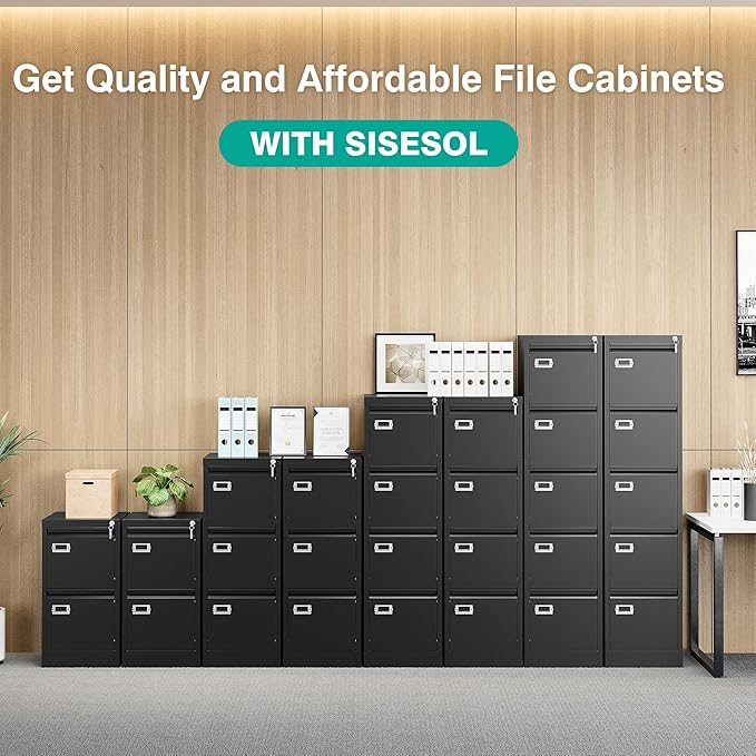 SISESOL 2 Drawer File Cabinet with Lock,Narrow Vertical Filing Cabinet,Under Desk File Cabinets,Black Metal File Cabinets for Home Office,Fit Letter/A4/Legal Size File,Easy Assembly